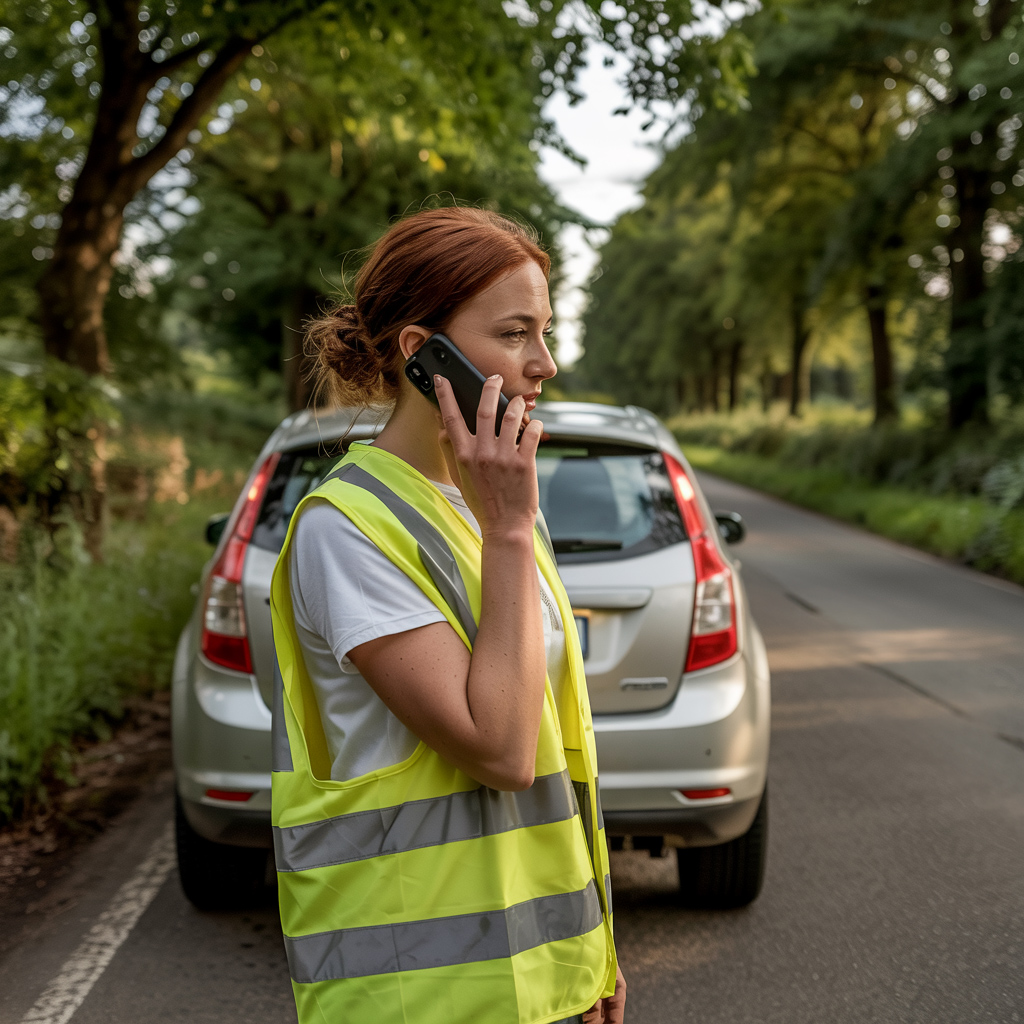 What to do in a breakdown. GMP Motors SW. A woman in a high visibility vest calling for roadside assistance.
