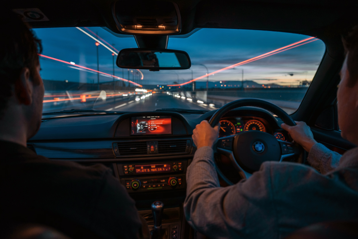 Navigating Vehicle Breakdowns: GMP Motors SW. A driver and passenger in a BMW, on a motorway, at night