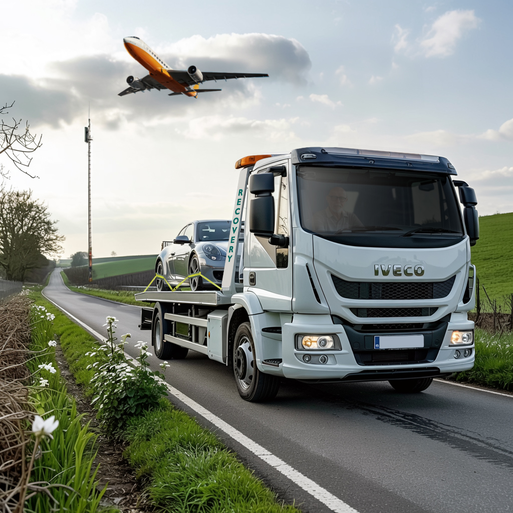 Vehicle recovery Bristol - GMP Motors SW - A white IVECO 7.5 tonne long flat-bed tow truck transporting a Porsche car along a country (Bristol) road. There is a passenger jet in the background.